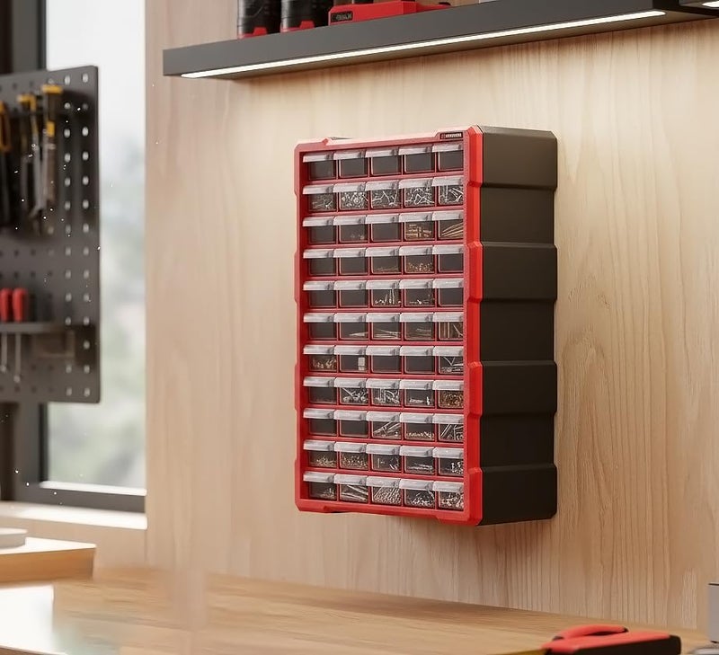 INTERTOOL Small Parts Organizer for Hardware & Screws | 60 Removable Bins with Dividers | Wall Mount or Desktop Craft & Lego Storage Cabinet | 19” x 15” x 7” BX08-4016 - Image 2